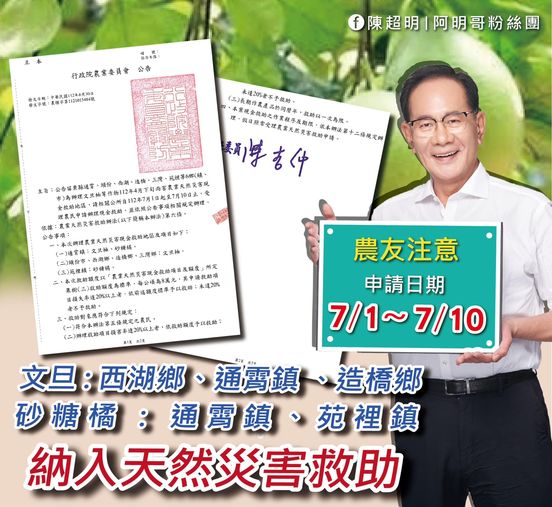 農委會 已宣布將西湖鄉文旦、造橋鄉文旦、苑裡鎮砂糖橘、通霄鎮文旦柚及砂糖橘納入天然災害補助中